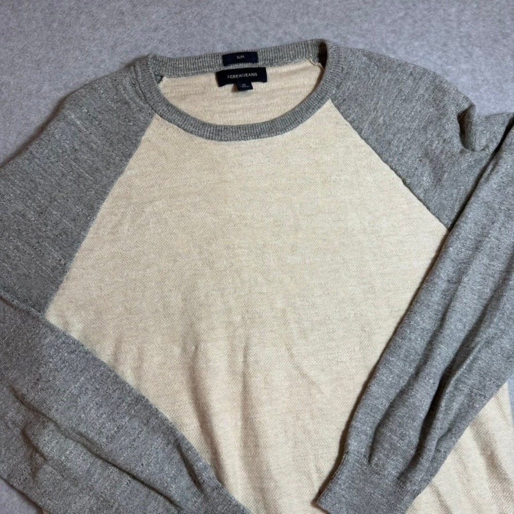 J.Crew Jeans Sweater Mens Medium Beige Grey Raglan Slim Fit Cotton